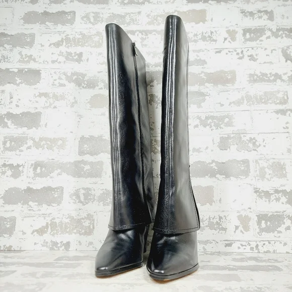 New Vince Camuto Tibani Black Leather Foldover Shaft Knee High Boot. M53